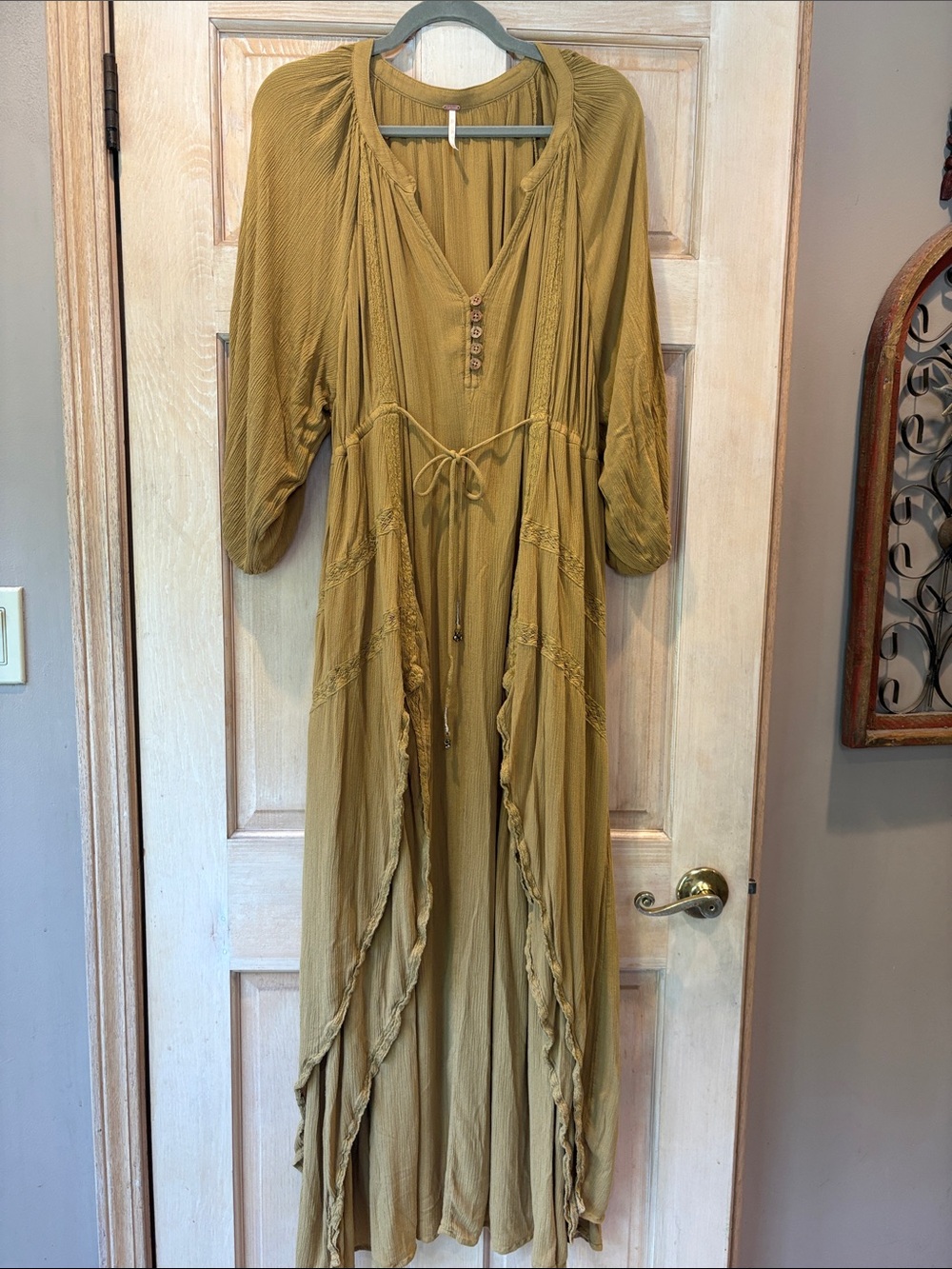 Free People Plenty of Love Gold Boho Tie-Waist Maxi Dress Size M